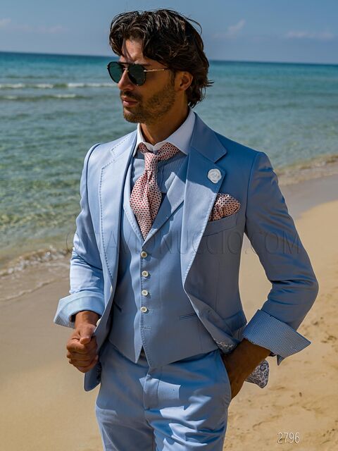 Abito 3 pezzi per matrimoni estivi, elegante in raso di cotone celeste