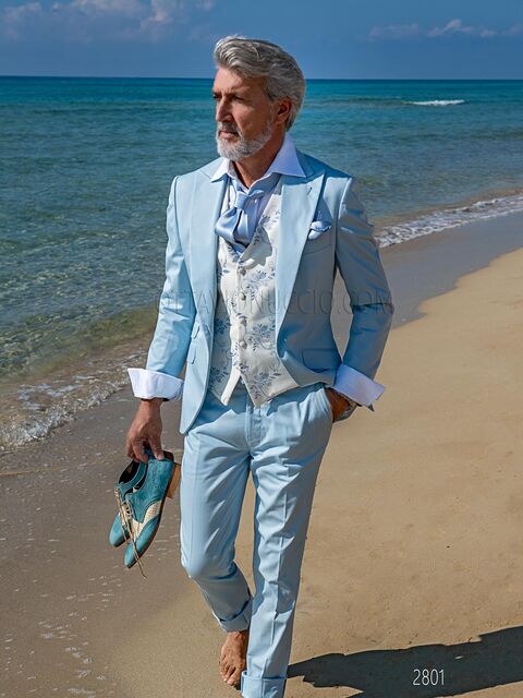 Abito estivo da cerimonia uomo elegante in raso di cotone celeste