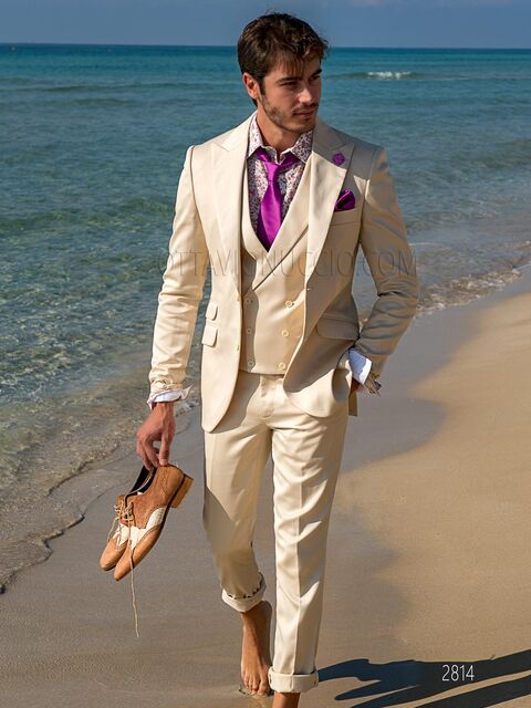 Completo da cerimonia in cotone raso beige | Abito da matrimonio estivo