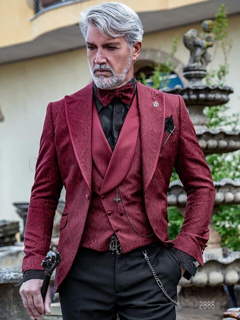 Abito cerimonia uomo damascato rosso con inserti in raso e pantalone nero