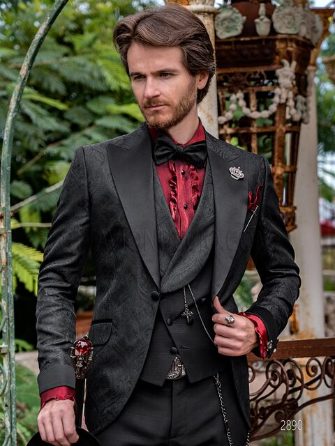 Smoking particolare da uomo stile moderno damascato nero con gilet abbinato