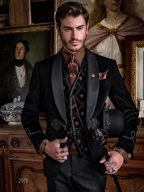 Smoking uomo doppiopetto collo sciallato stile aristocratico in velluto nero