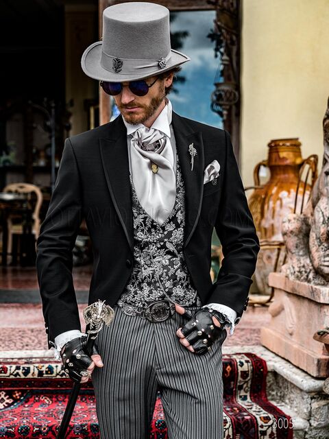 Demi-tight stile steampunk gotico misto lana nero con pantalone a righe