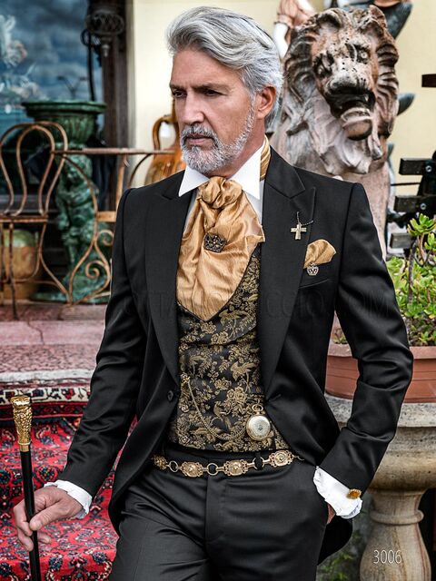 Tight in pura lana satin nero e gilet in seta nero-oro in stile steampunk