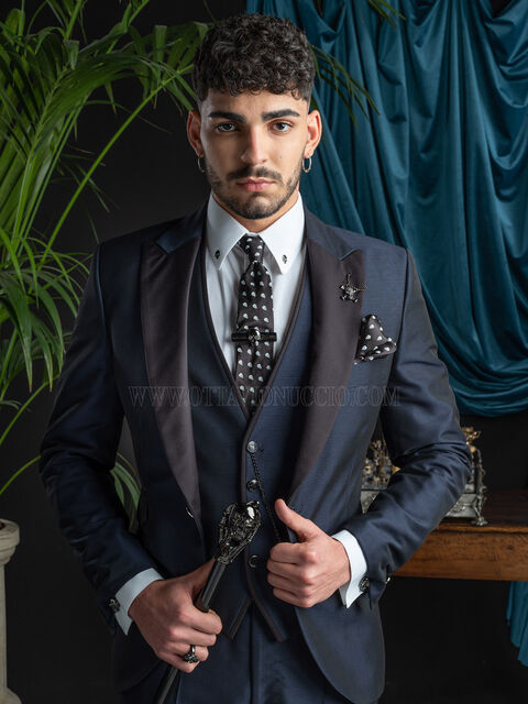 Abito cerimonia uomo blu con rever nero e gilet a tono