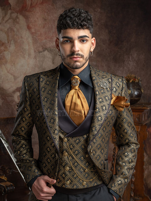 Giacca in stile gotico damascata oro nero, pantalone nero