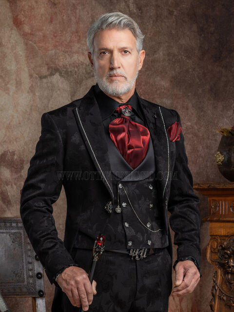 Frac gotico uomo di lusso in jacquard nero con strass sul rever