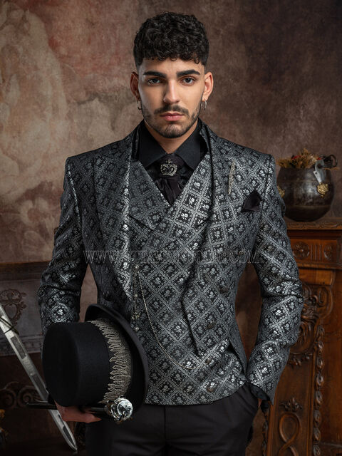 Frac uomo stile gotico di lusso damascato nero argento