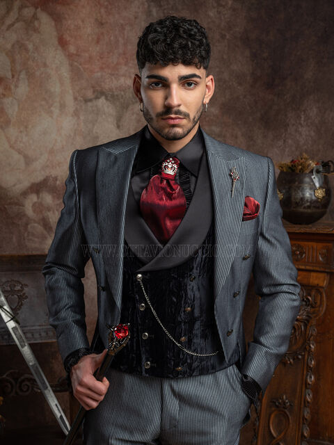 Frac uomo stile gotico gessato grigio con gilet in velluto nero