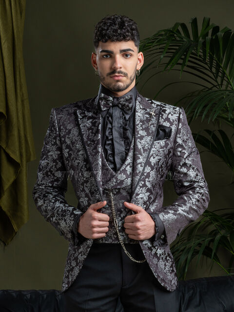 Giacca blazer da uomo in pura seta jacquard nero argento