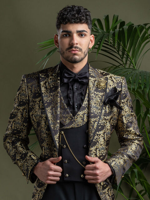 Giacca da party uomo in seta nero oro, pantalone nero