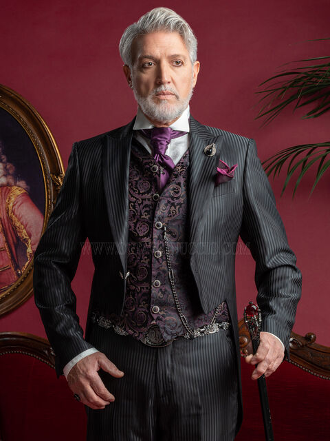 Frac steampunk uomo gessato nero, gilet in seta viola - Disponibilità Limitata