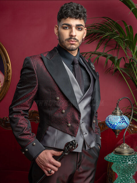 Frack bordeaux stile steampunk uomo con rever a contrasto - Disponibilità Limitata