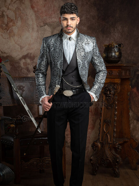Giacca stile gotico coreana damascata di lusso argento e nero