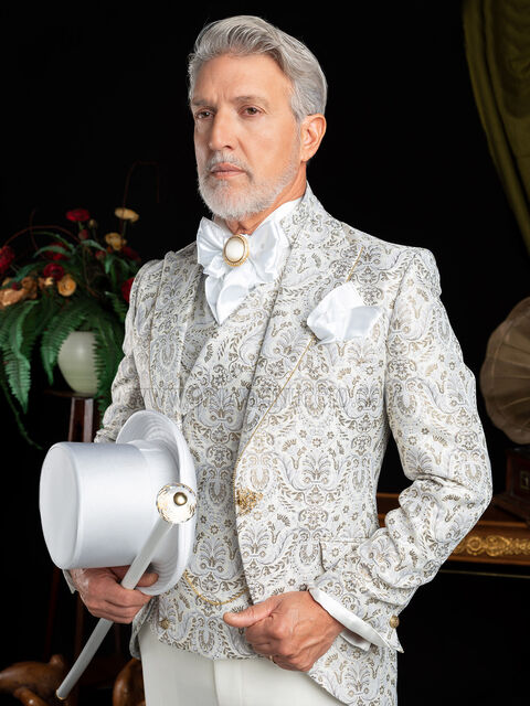 Abito da sposo broccato bianco con pantalone bianco
