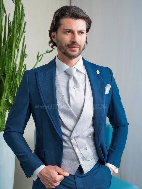 Demi-tight in lana mohair blu royal con gilet damascato