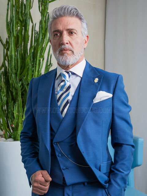 Abito da sposo shantung blu royal con gilet doppiopetto