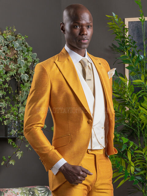 Abito da sposo shantung oro in misto viscosa con gilet abbinato