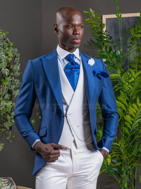 Abito cerimonia uomo blu royal con gilet e pantalone bianchi