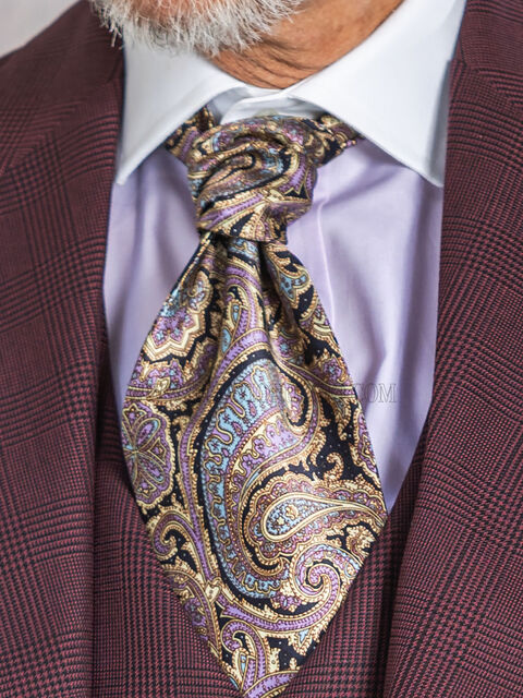 Cravattone e fazzoletto in seta disegno Paisley blu